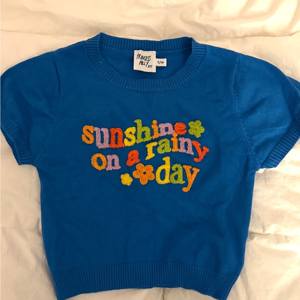 Princess Polly Bright Blue Tee with Colorful Embroidery